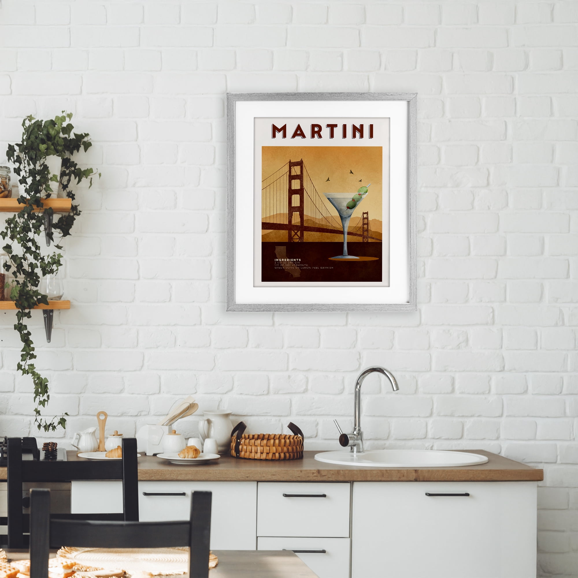 Retro Martini & Bridge View Gray Framed Print Under Glass, design by Brett Blumenthal