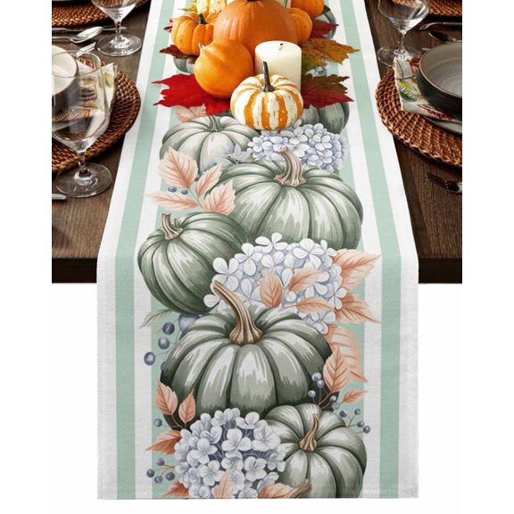 Fall Table Runner Thanksgiving Sage Green Pumpkin Table Runners Flowers Leaves Stripes Cotton Linen Dresser Scarf Kitchen Dining Table Decor for Fall Holiday Party Decor 13x90 Inch