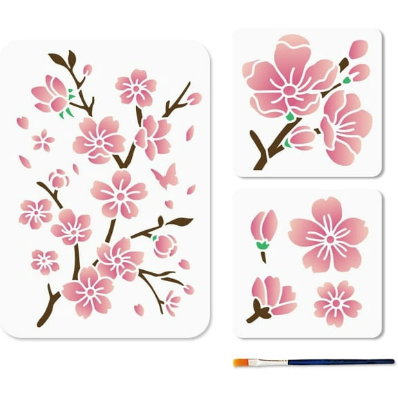 3pcs Cherry Blossom Flower Stencils 5.9×5.9/11.7×8.3inch Blossom Branch Stencil A4 Reusable Plastic Template Plant Stencils for Painting on Wood DIY Crafts Wall Canvas
