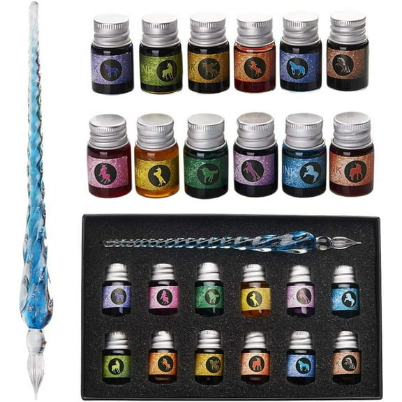 13 Pieces Glass Dipped Pen Ink Set, Handmade Crystal Calligraphy Pen with 12 Colorful India Ink for Art, Signatures, Drawing, Decoration, Gift for Artist