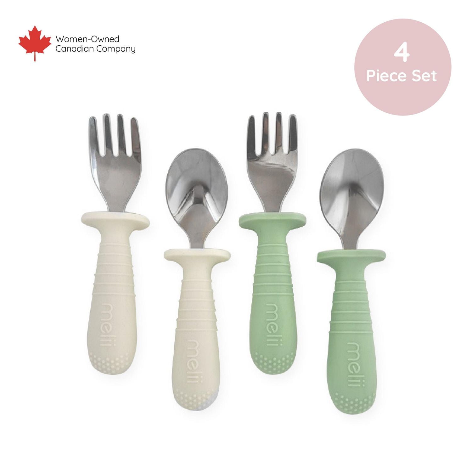 Melii silicone & stainless steel spoon and fork set for baby  4 pack - mint + cream