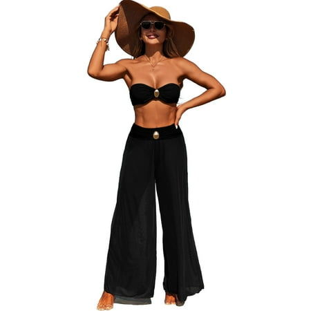 Previn Women s Backless Bath Suit 3 Piece Bikini Set Cover Up Pants Billowy Spring Break Breathable Cool Holiday Cheeky Chic Swimsuit Black X-Large