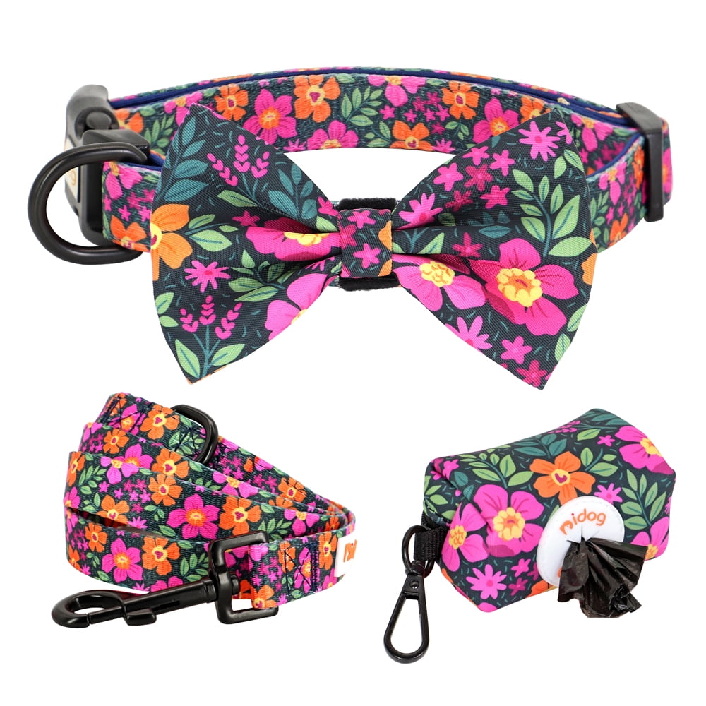 Didog Floral Cute Bowtie Dog Collar & Leash & Poop Bags Holder Adjustabale for Puppy