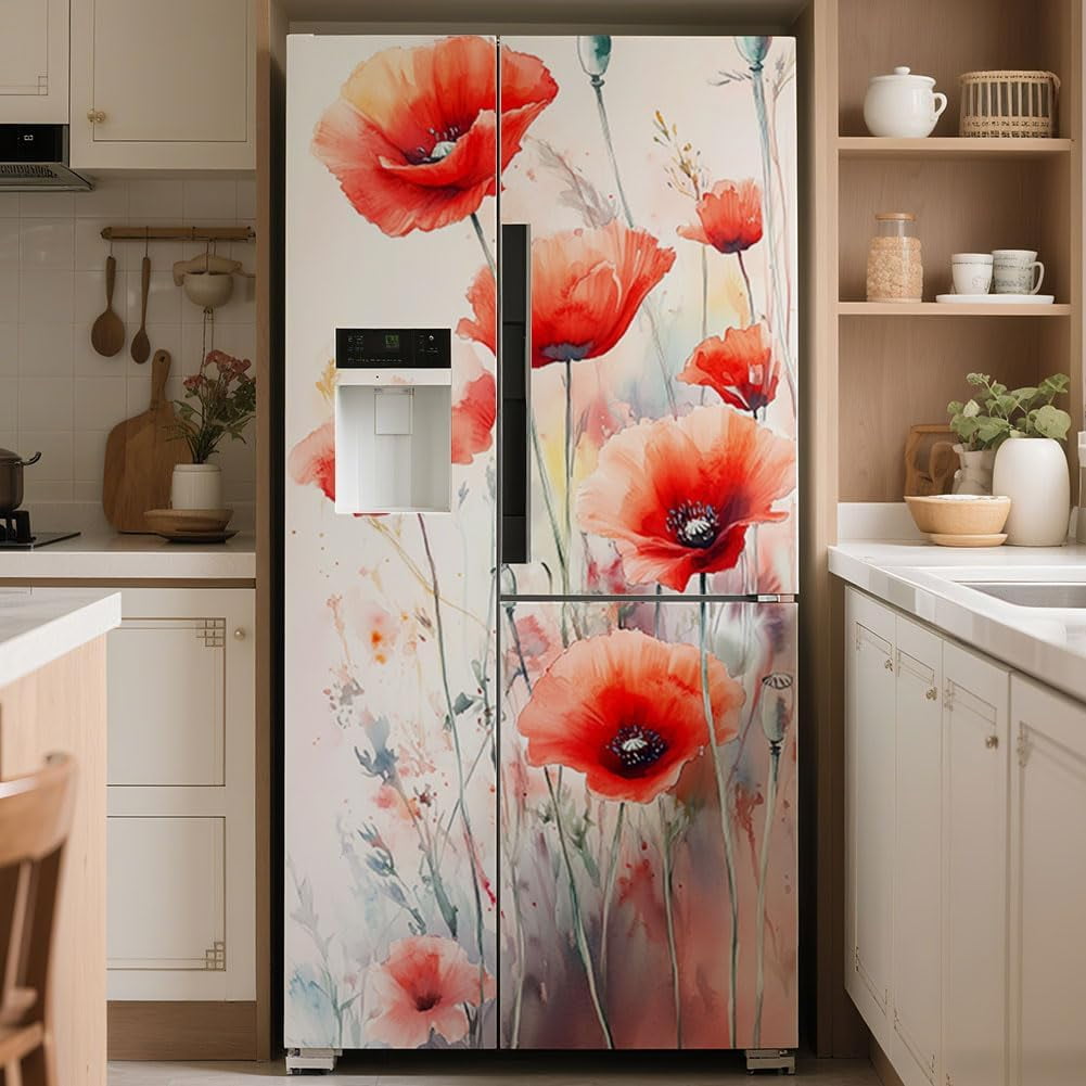2 Sheet Flower Removable Refrigerator Wraps Self-Adhesive Fridge Stickers Peel and Stick Vinyl Fridge Decals Sticker for Living Room Multi-color