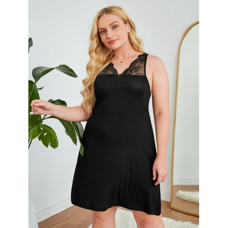 

Black Elegant Women s Plus Contrast Lace Tie Backless Nightdress 2XL(16) Y22001D