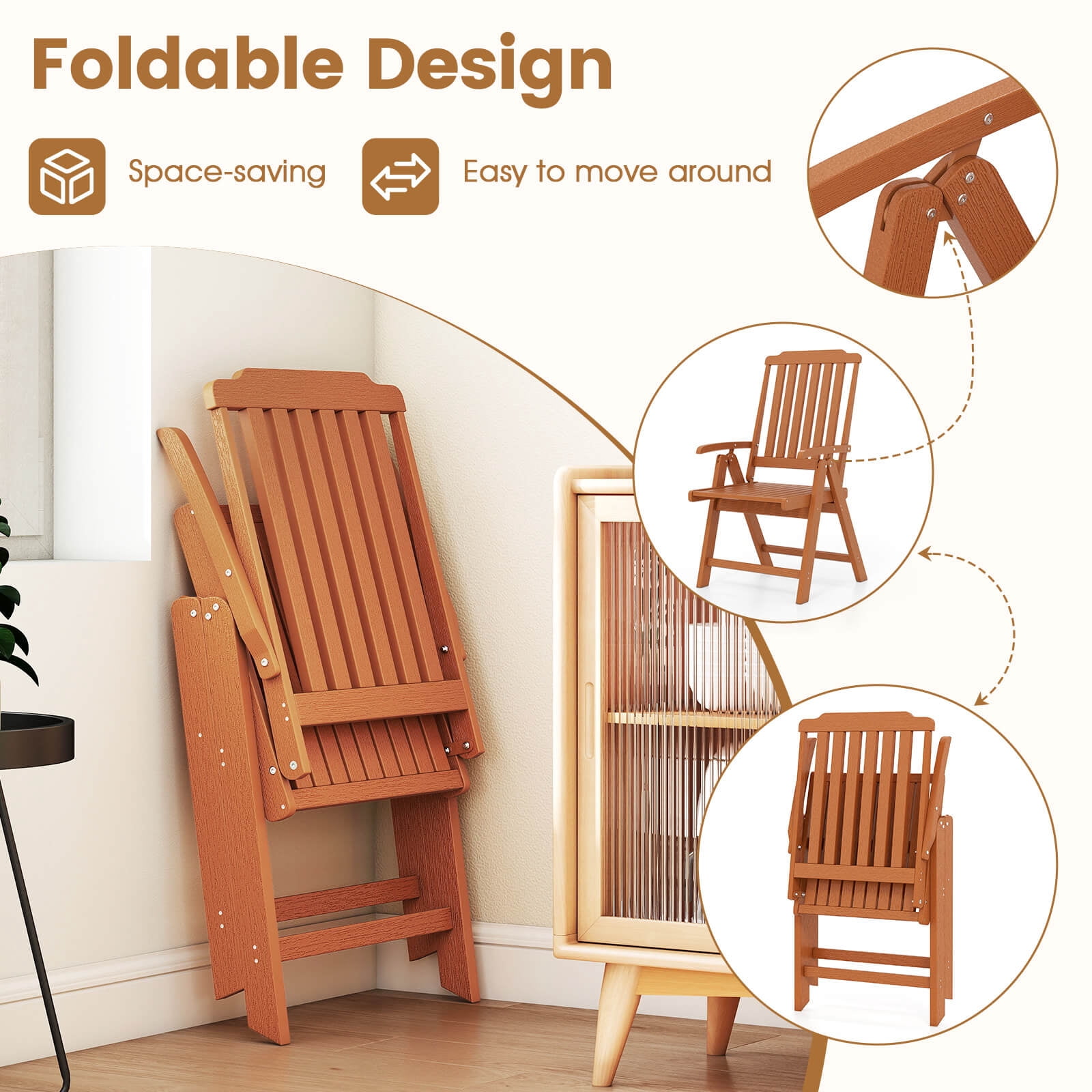 Costway Foldable Patio Chair with Armrest, Curved Back, Slatted Seat for Backyard Deck Brown