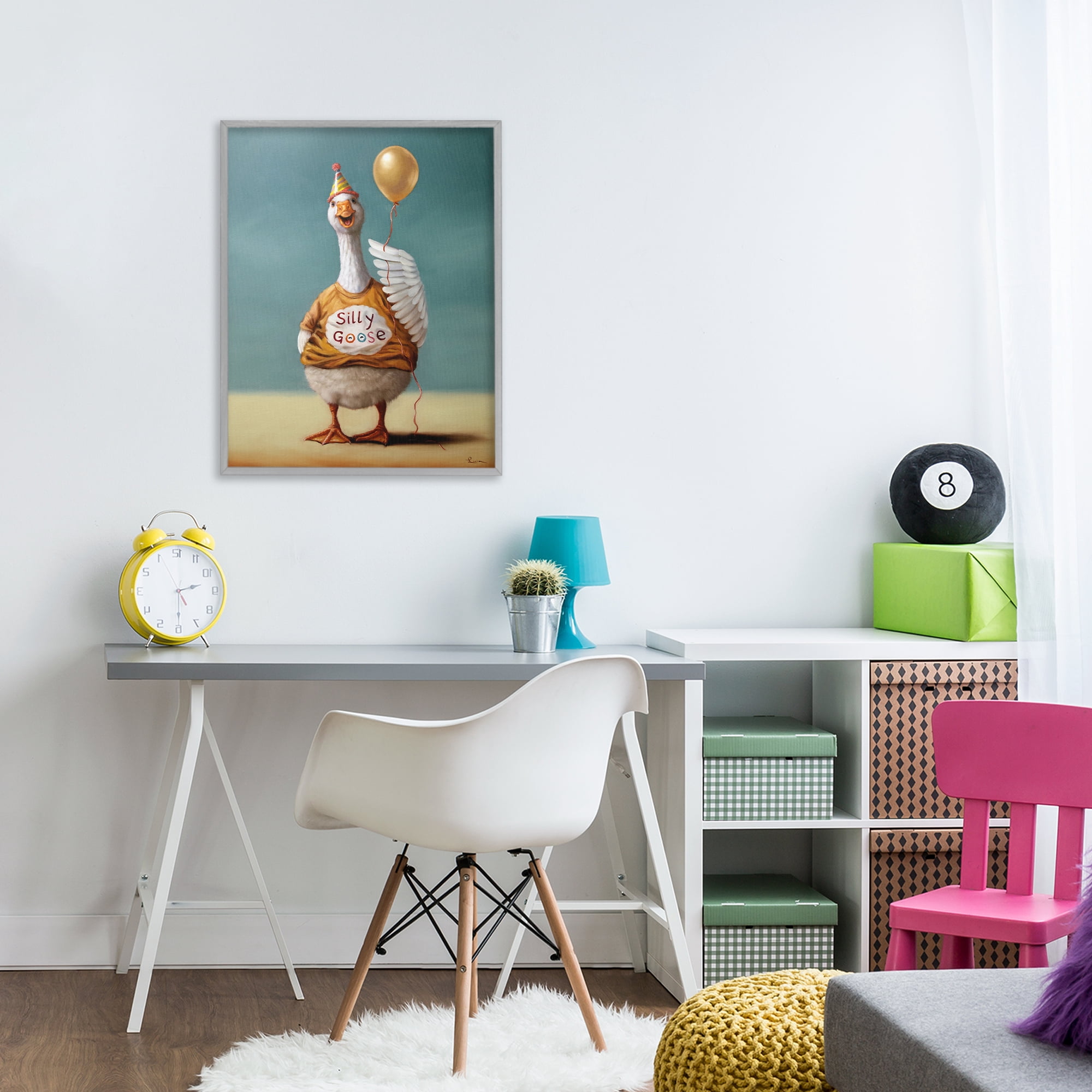 Stupell Industries Silly Goose with Balloon Gray Framed Giclee Art, design by Lucia Heffernan
