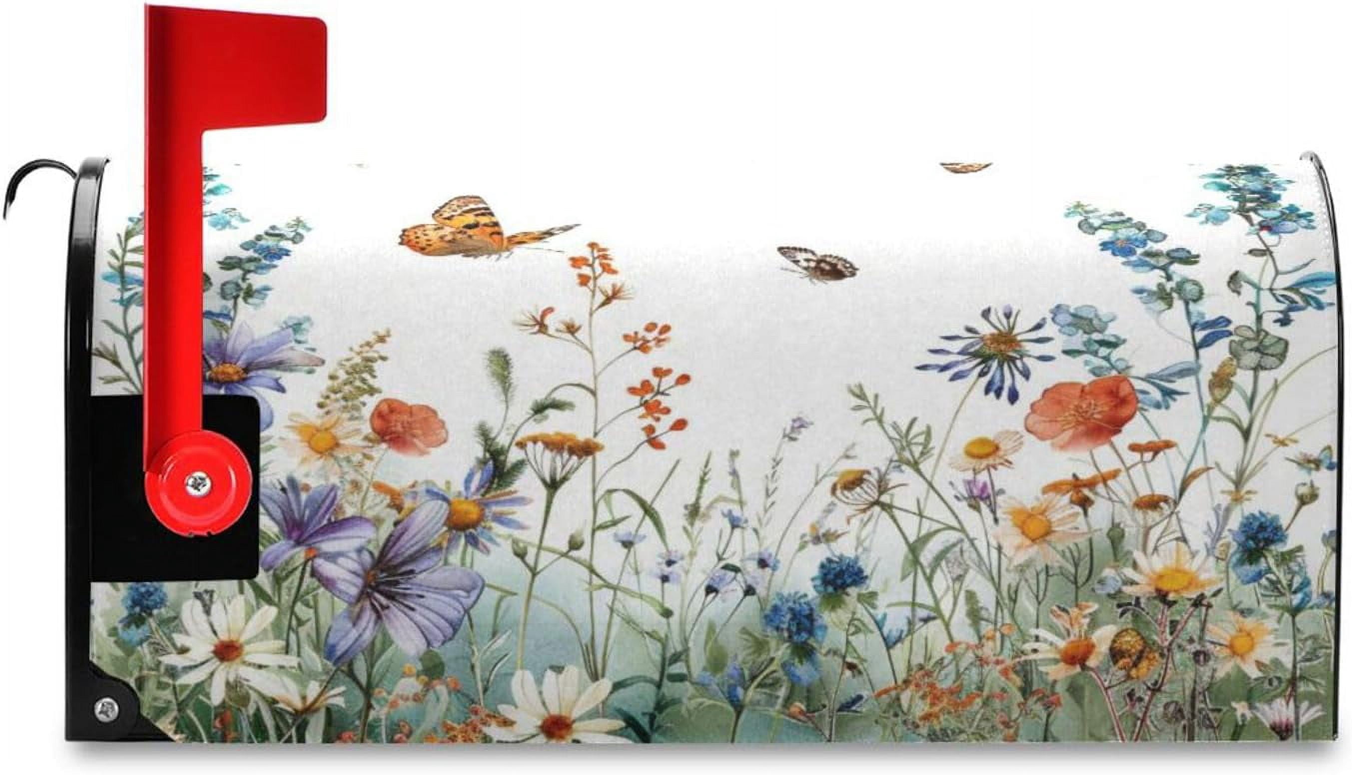 Spring Mailbox Covers, Wildflowers Butterflies Botanical Mailbox Covers Oxford Cloth Post Box Cover with Magnetic Strip for Garden Yard Decor