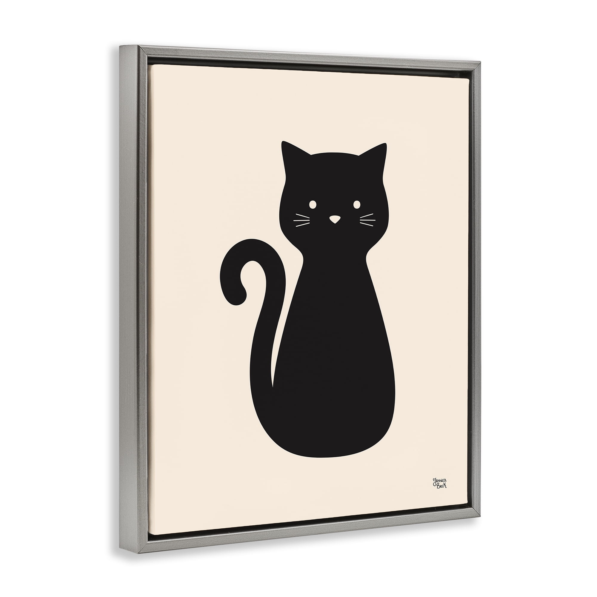 Stupell Industries Feline Grace Black Cat Animals Painting Gray Floater Framed Canvas Art Print Wall Art, 17 x 21