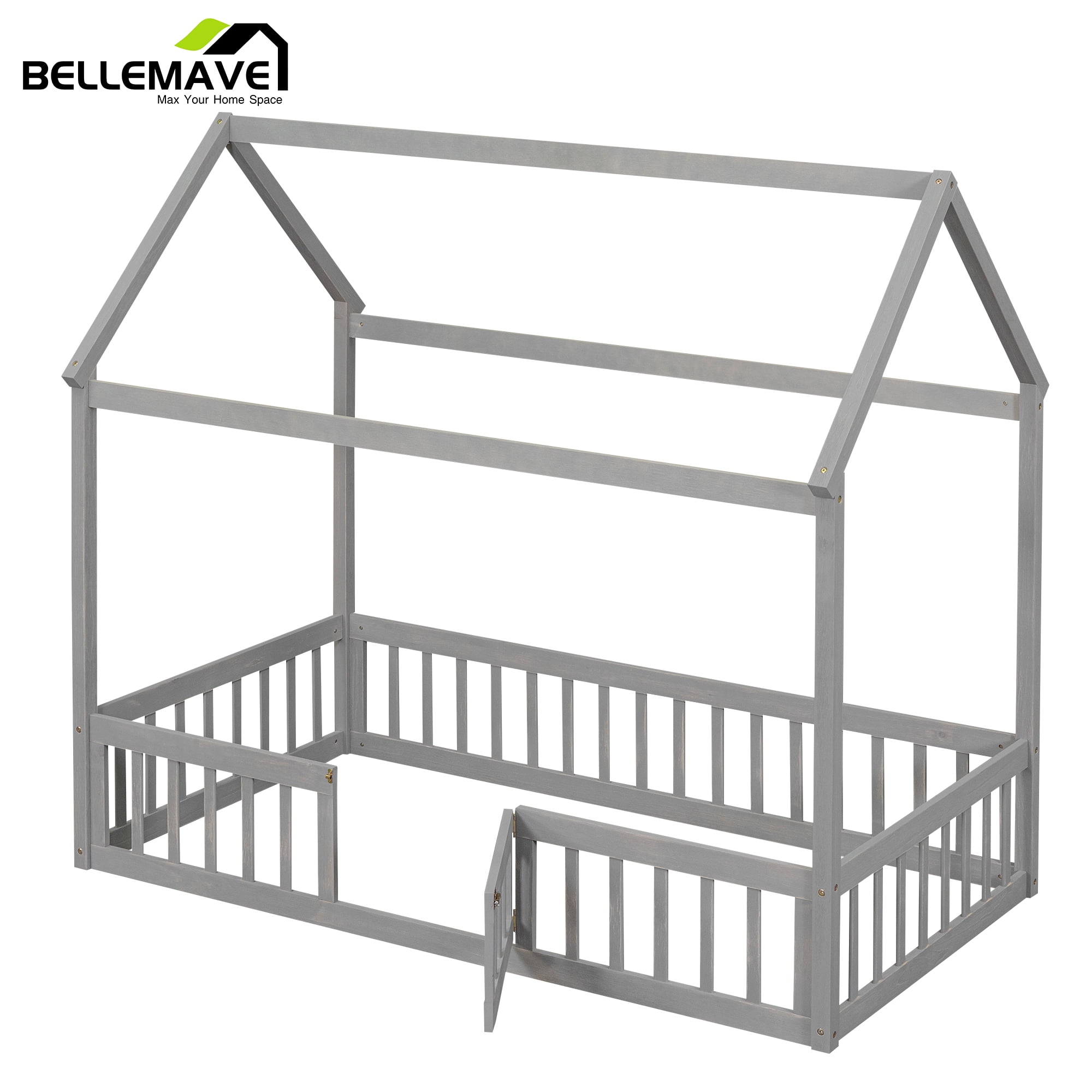Twin Size Montessori Bed, Twin House Beds with Fence and Door, Floor Bed Twin with Rails (Gray)