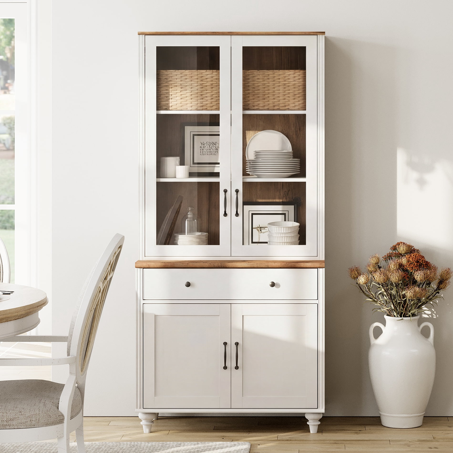 72"H × 34"W 5-Tier Farmhouse Wooden Library Bookcase with Glass Doors & Spacious Storage Cabinet, Freestanding Bookshelf for Living Room, Office & Kitchen, White