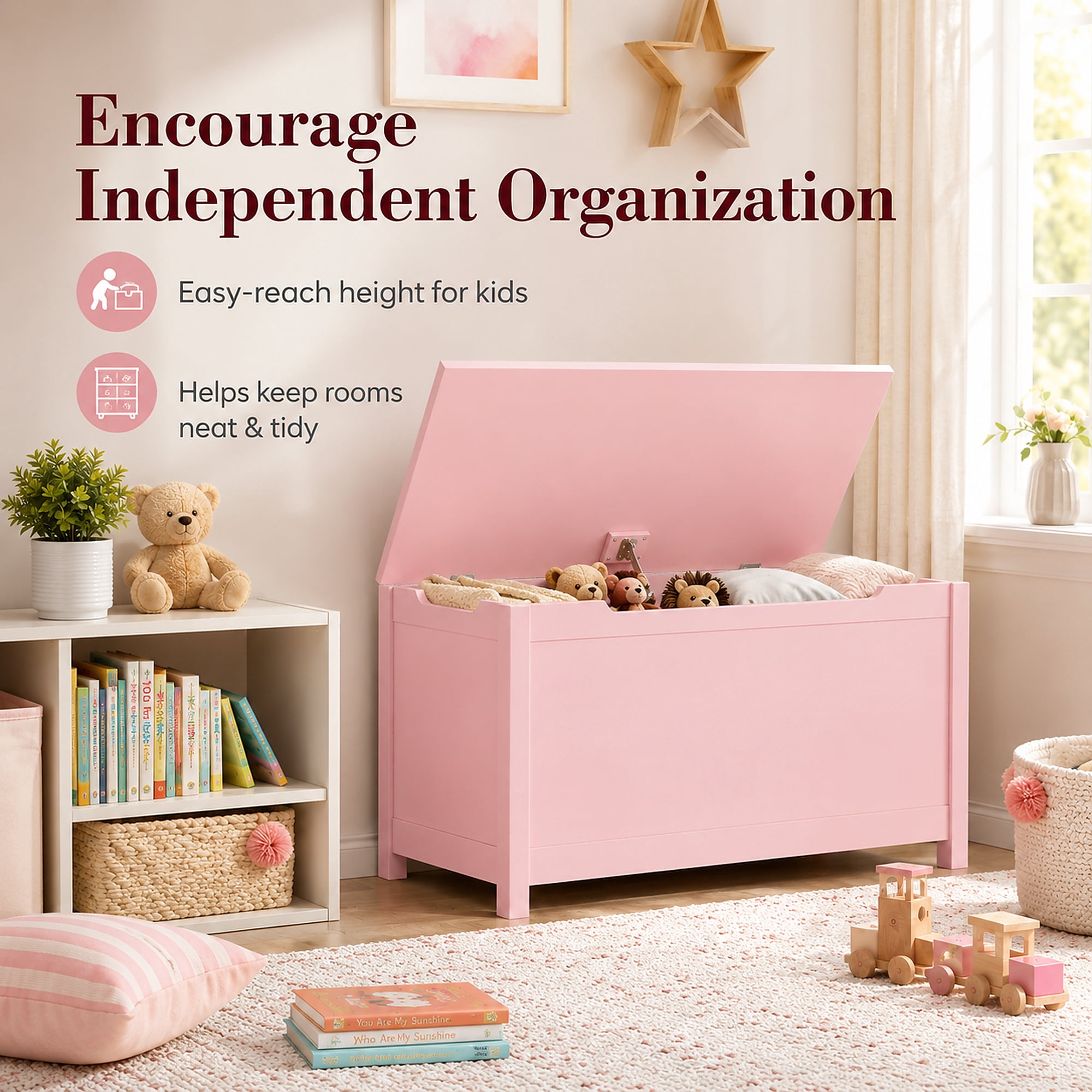 Miniyam Toy Storage Bench with Lid, Kids Toy Box and Storage Chest for Bedroom, Playroom, Nursery, Pink