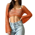 thumbnail image 2 of Womens Fishnet Crochet Crop Top Long Sleeve See Through Hollow Out Mesh Bikini Cover Ups Orange L, 2 of 6
