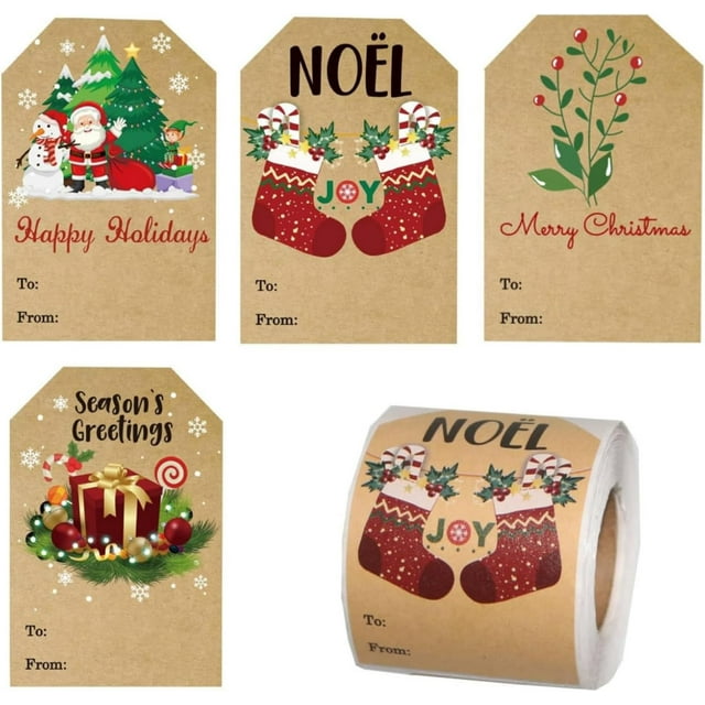 200Pcs Christmas Gift Tags Sticker, Self-Addhesive Christmas Labels for Gifts Sticker, Kraft Paper Christmas Labels with 4 Christmas Patterns, Christmas Tag Sticker for Gift Bags, Cards, Envelope