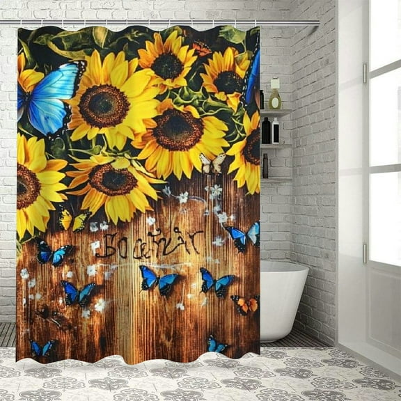 BCIIG Sunflowers Butterflies Bathroom Decor Set with Hooks, Colorful Luxurious Shower Curtain for Home Bathtubs Decoration, Waterproof Polyester Fabric Shower Curtain with Hooks 36"x72