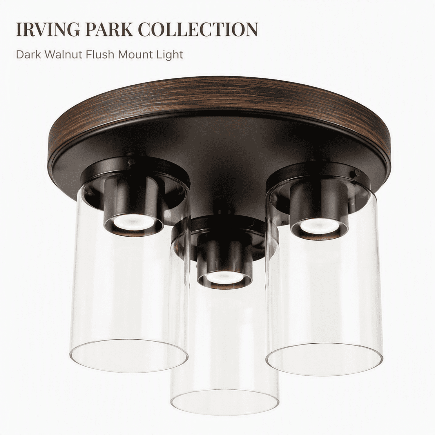 Better Homes & Gardens 12 in. Farmhouse 3-Light Walnut Flush Mount Ceiling Light with Clear Glass Shades