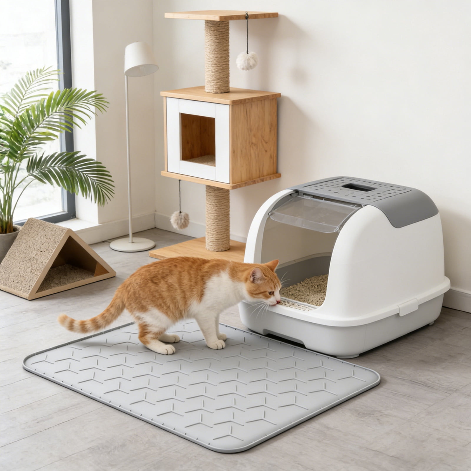 JIhuahe 1PC Cat Litter Box Mat, Large 34" X 22" Litter Trapping Mat for Cats, Waterproof Silicone Pad for Floor, Gray