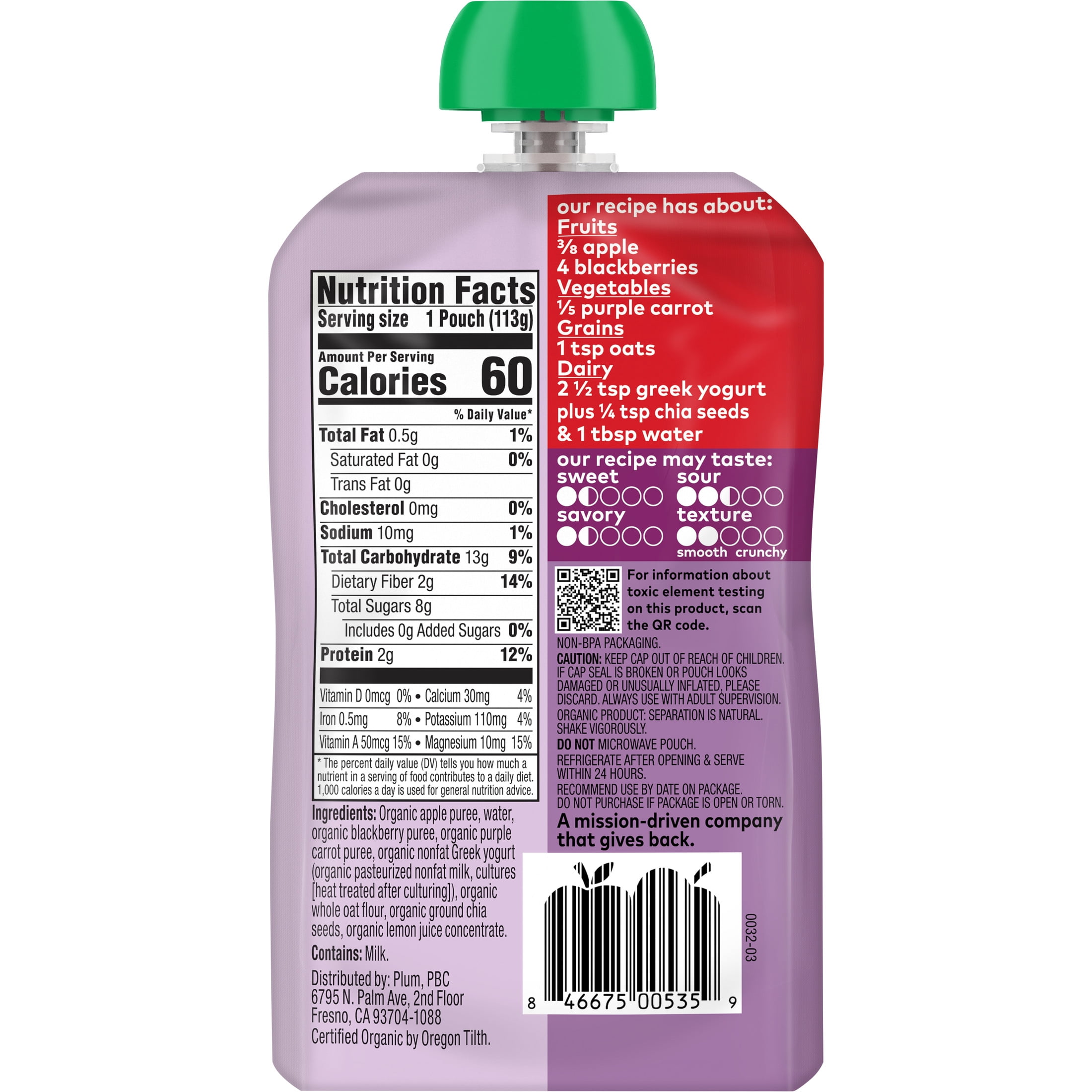 Plum Organics® Tots Mighty Morning 4 Food Group Blend Apple, Blackberry, Purple Carrot, Greek Yogurt + Oat 4oz Pouch