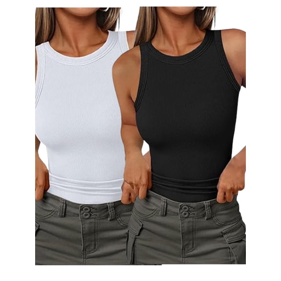 2pcs Ladies Solid Color Ribbed Tank Top | Casual Sleeveless Slim Fit Base Layer for Summer