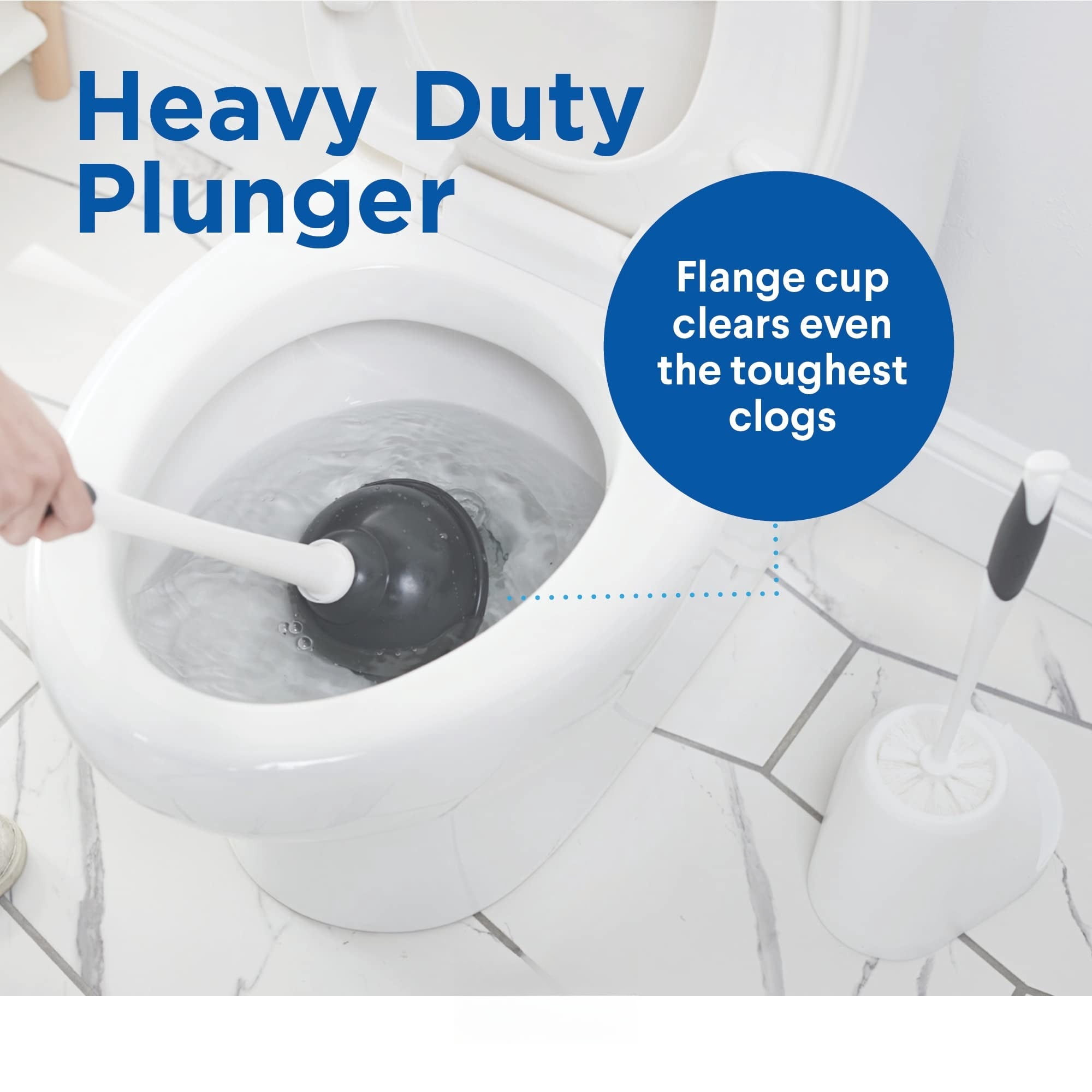 Toilet Plunger and Bowl Brush Combo with Caddy, 6.75 x 7 x 19.5 in, White/Gray