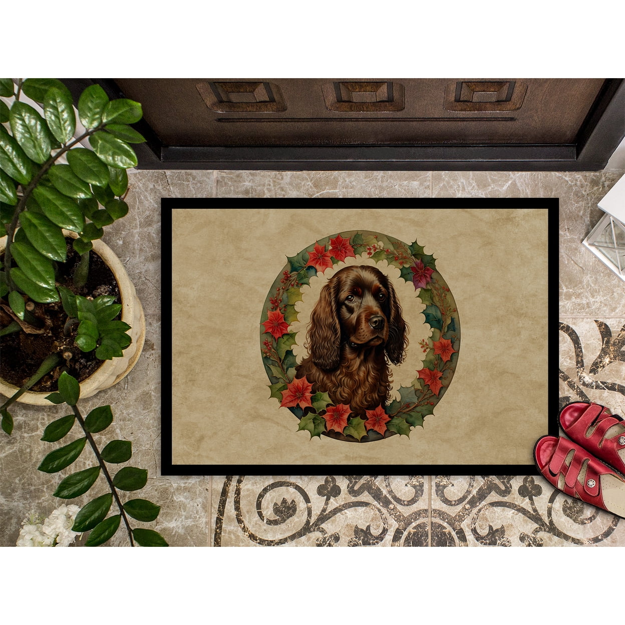 Carolines Treasures DAC2331MAT 18 x 27 in. Unisex Boykin Spaniel Christmas Flowers Doormat