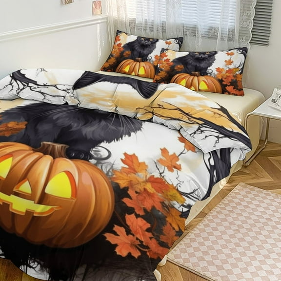 Duvet Cover Queen Size Pumpkin Lantern Black Cat 3 Pcs Duvet Cover Set Bedding Sets Queen Soft Breathable