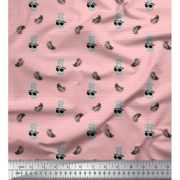 Soimoi Pink Poly Georgette Fabric Stripe & Pine Fruits Print Fabric by Yard 52 Inch Wide