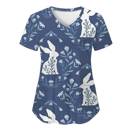 

TAIAOJING Women Scrubs Top Workwear Casual Easter Bunny Print Short Sleeve V Neck Pocket Loose Top Carer Suit