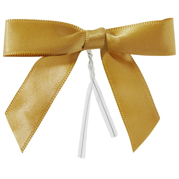 Juvale Satin Twist Tie Bows - Gold Twist Tie Bow Accents - Mini Ribbons for Crafts & Treat Bag Decor - 100 Pack, 3 x 2.5 in, 5.7 in Bands