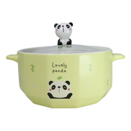Ceramic Yellow Lovely Panda 30oz Noodle Dessert Food Bowl W/ Glass Lid