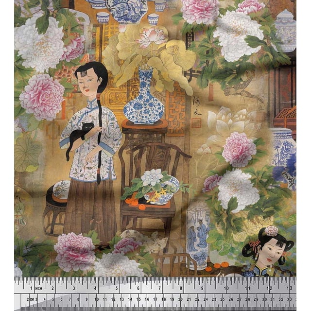 Soimoi Polyester Crepe Fabric Flower Vase,Cat & Girl Human Figure Print Sewing Fabric Yard 52 Inch Wide