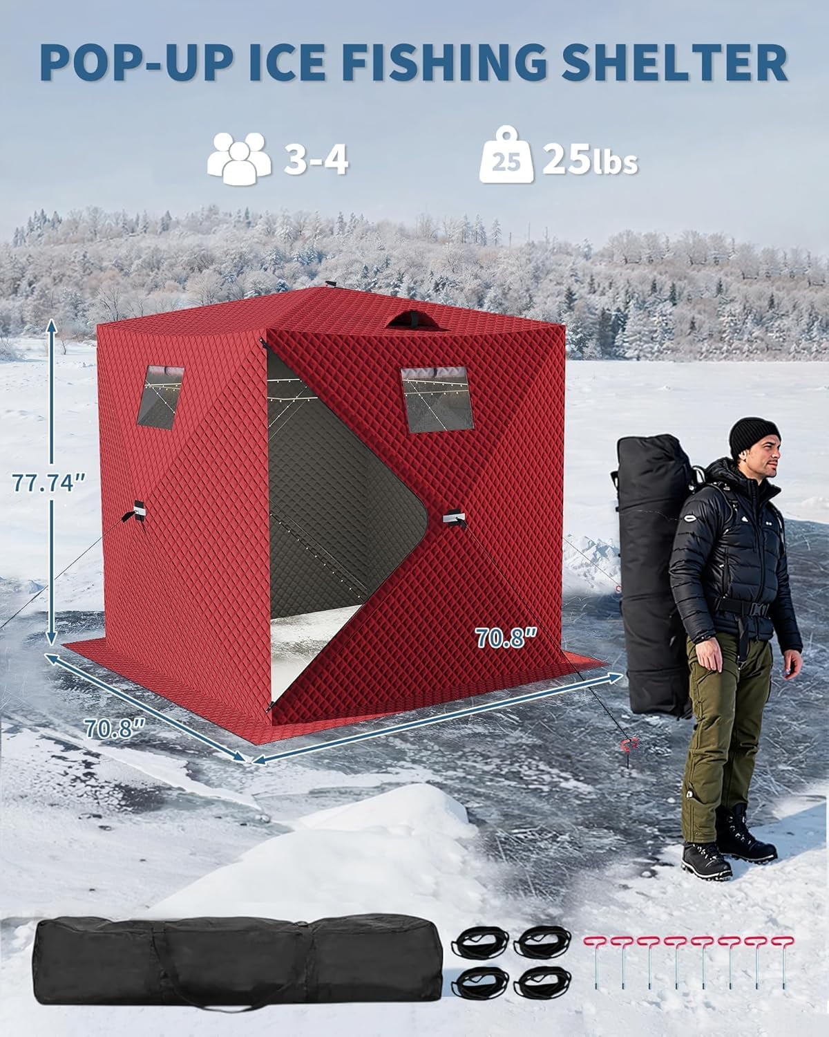 Lumiparty Pop Up Ice Fishing Tent Fully Insulated, Portable 3-4 Person Ice Fishing Shelter, Waterproof Oxford Fabric, Winter Windproof Hut Snow Hub with Anchors, Ropes & Carry Bag, Red
