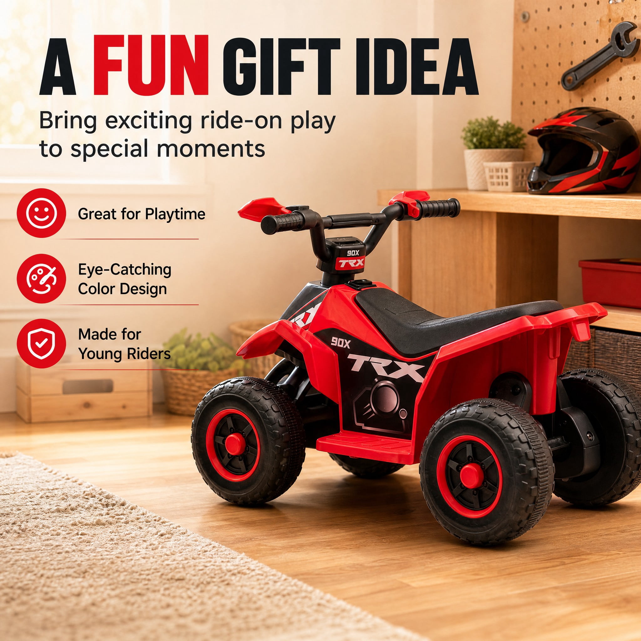 FUPOJH 6V Kids Electric Ride on Car,4 Wheeler ATV Quad for Kids 3-6,Indoor/Outdoor,Lights & Music,Red