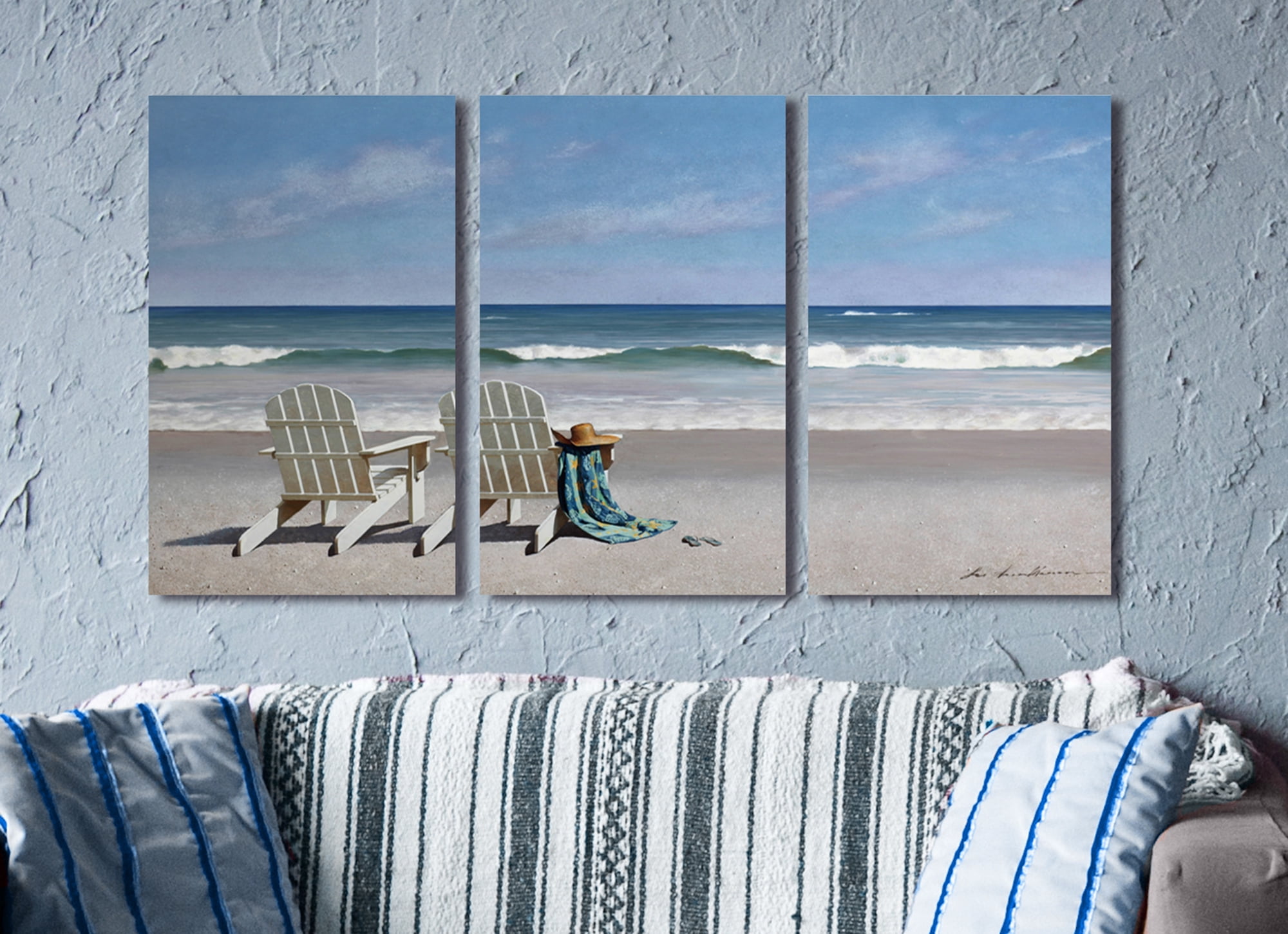 The Stupell Home Decor Two White Adirondack Chairs with Towel on the Beach Triptych Canvas Wall Art, 3pc, each 16 x 24