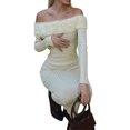 thumbnail image 4 of hirigin Women Fashion Long Bodycon Dress Solid Color Knitted Ribbed Plush Trim Boat Neck Long Sleeve Dress Spring Autumn Skinny Dress, 4 of 6