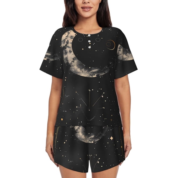 Balery Abstract Starry Sky Moon Conjunto de Pijama para Mujer con Estampado, Dos Piezas de Manga Corta y Shorts, Ropa de Dormir Suave con Cuello Redondo y Bolsillos-3X-Large