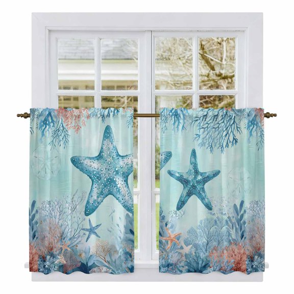 Coastal Starfish Blue Kitchen Curtain for Berdoom Living Room Cafe 54 Inch Length, Summer Beach Nautical Coral Tiers Curtains Light Filtering Drapes Rod Pocket Window Treatment 2 Panels 52"Wx54"L