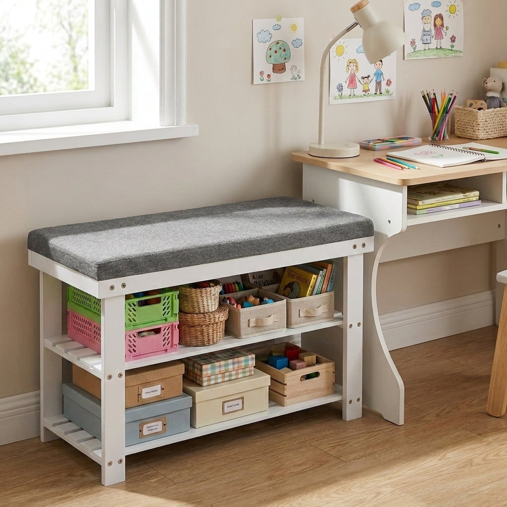 LEDREM Shoe Bench with Cushion, 3-Tier Sturdy Entryway Shoe Rack Organizer, White and Gray