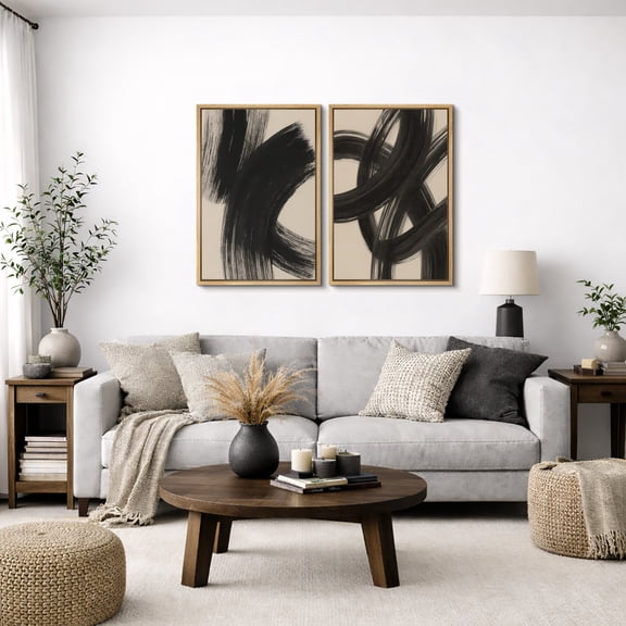 Framed Canvas Print Abstract Neutral Wall Art Set of 2 Modern Decorative for Living Room Bedroom - 16"x24"x2 NATURAL