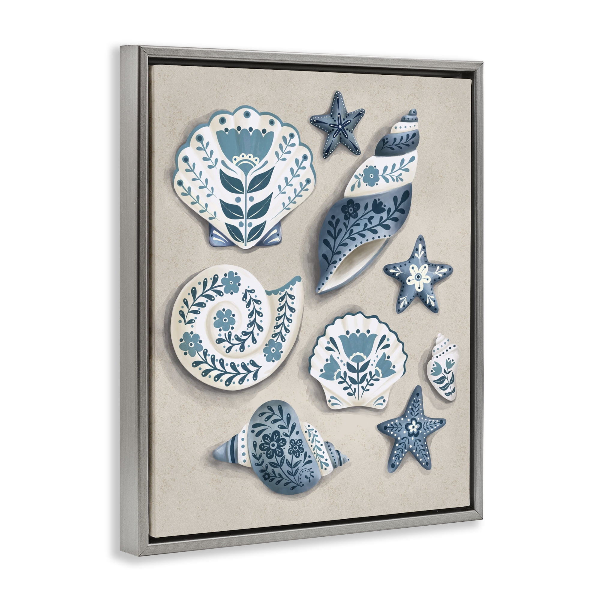 Stupell Industries Teal Nautical Floral Seashells Gray Framed Floater Canvas Wall Art, design by Penny Aguilera