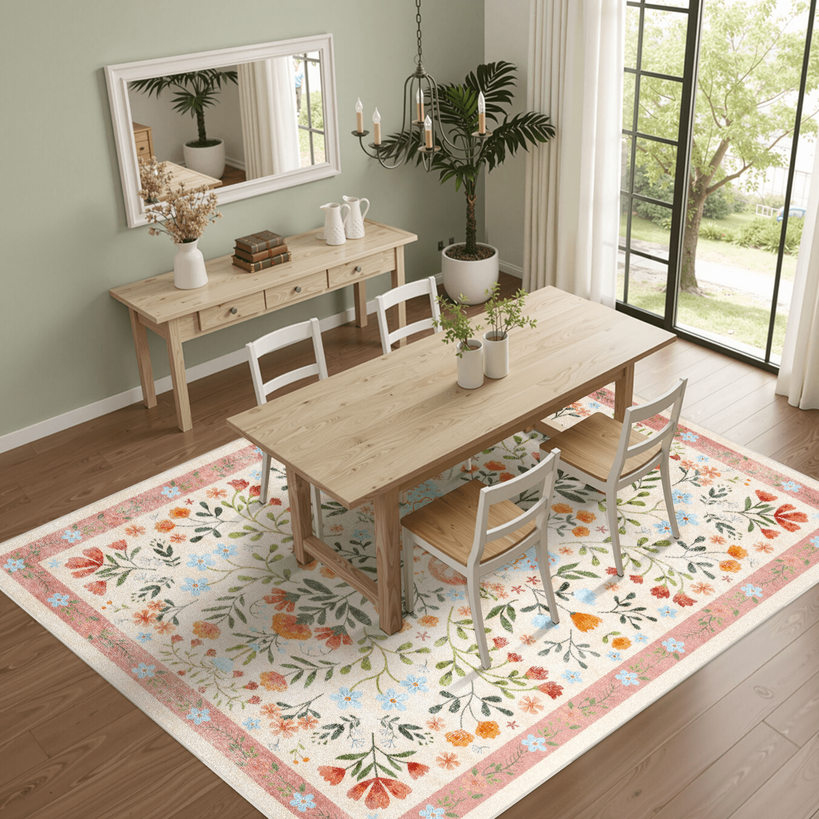 6'x9' Washable Area Rugs for Living Room, Socomw Vintage Orange Floral Washable Indoor Rug, Non-Slip Soft Low Pile Carpet for Bedroom, Dining Room