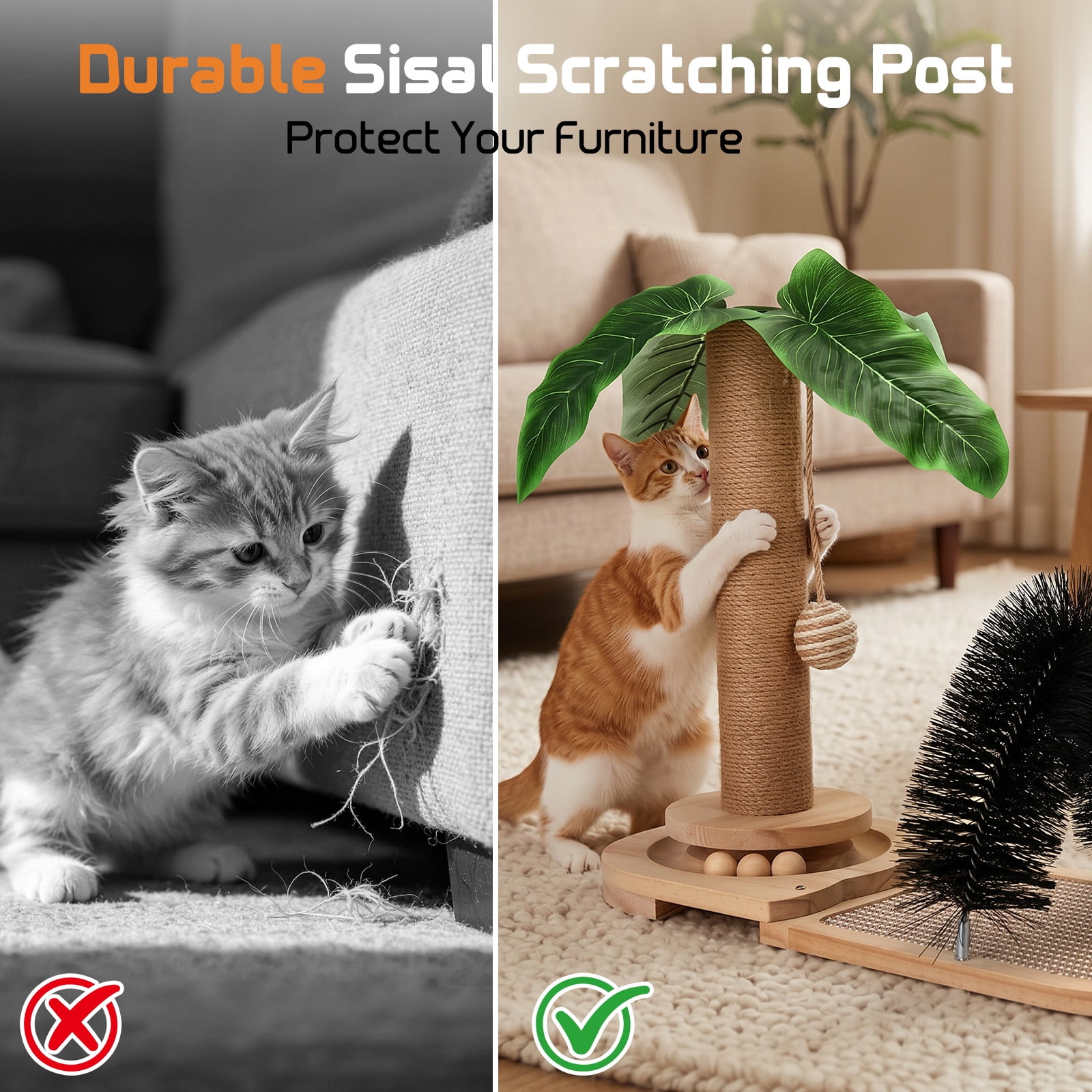 Wooden Cat Scratcher with Sisal Scratching Post, Cat Activity Center with Grooming Brush and Hanging Toy, Small Cat Tree for Indoor Cats and Kittens