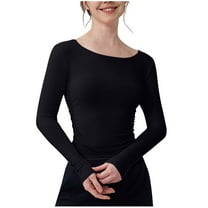 aidice Workout Tops for Women Round Neck Long Sleeve Side Ruched Slim Fitting Yoga Athletic Tshirts