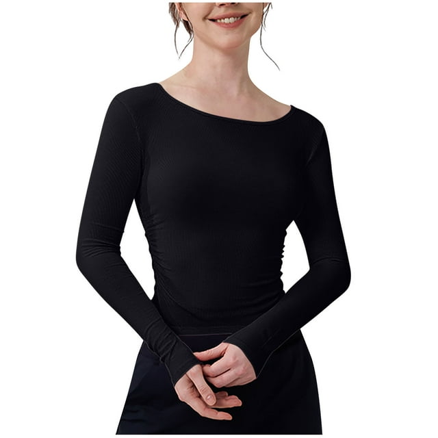 tarylea Hauts Athlétiques pour Femmes Col Rond Ajusté Crop Tops Manches Longues Couleur Unie Chemises Sport Décontracté