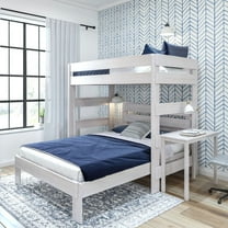 Plank Beam Solid Wood Farmhouse Twin over Queen L-Shaped Bunk Bed with Desk, White Wash