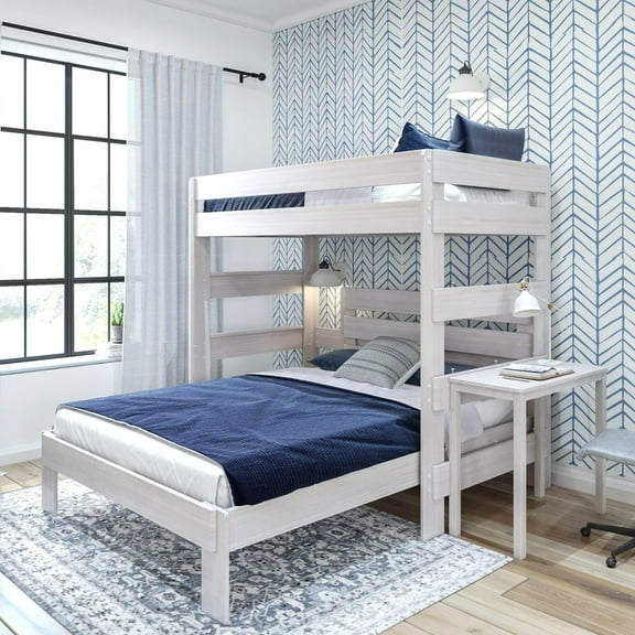 Plank Beam Solid Wood Farmhouse Twin over Queen L-Shaped Bunk Bed with Desk, White Wash
