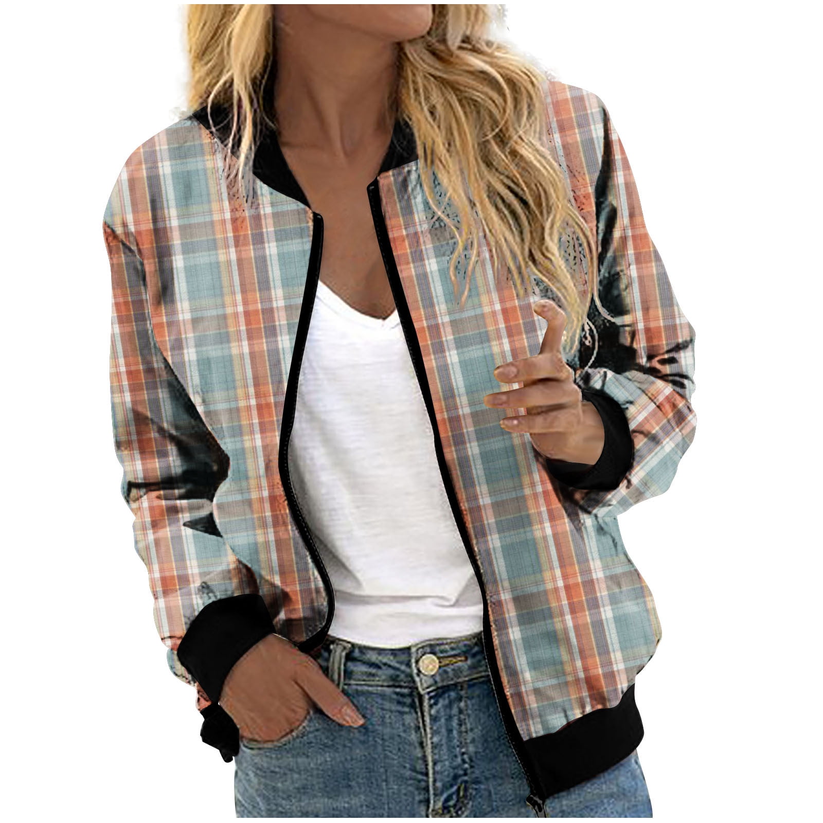 ZQGJB Long Sleeve Zip Up Thin Jackets for Women Spring Trendy Casual  Buffalo Plaid Stand Collar Graphic Bamber Jacket Lightweight Outwear 
