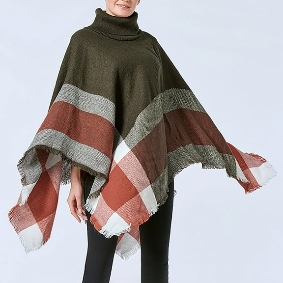 MSJUHEG Kimonos for Women,Poncho Sweater Women,Cape Coat for Women,Shawl Wraps for Women,Wrap Cardigan,Cape High Collar Plaid Warm Loose Fringe Cape Shawl Army Green L