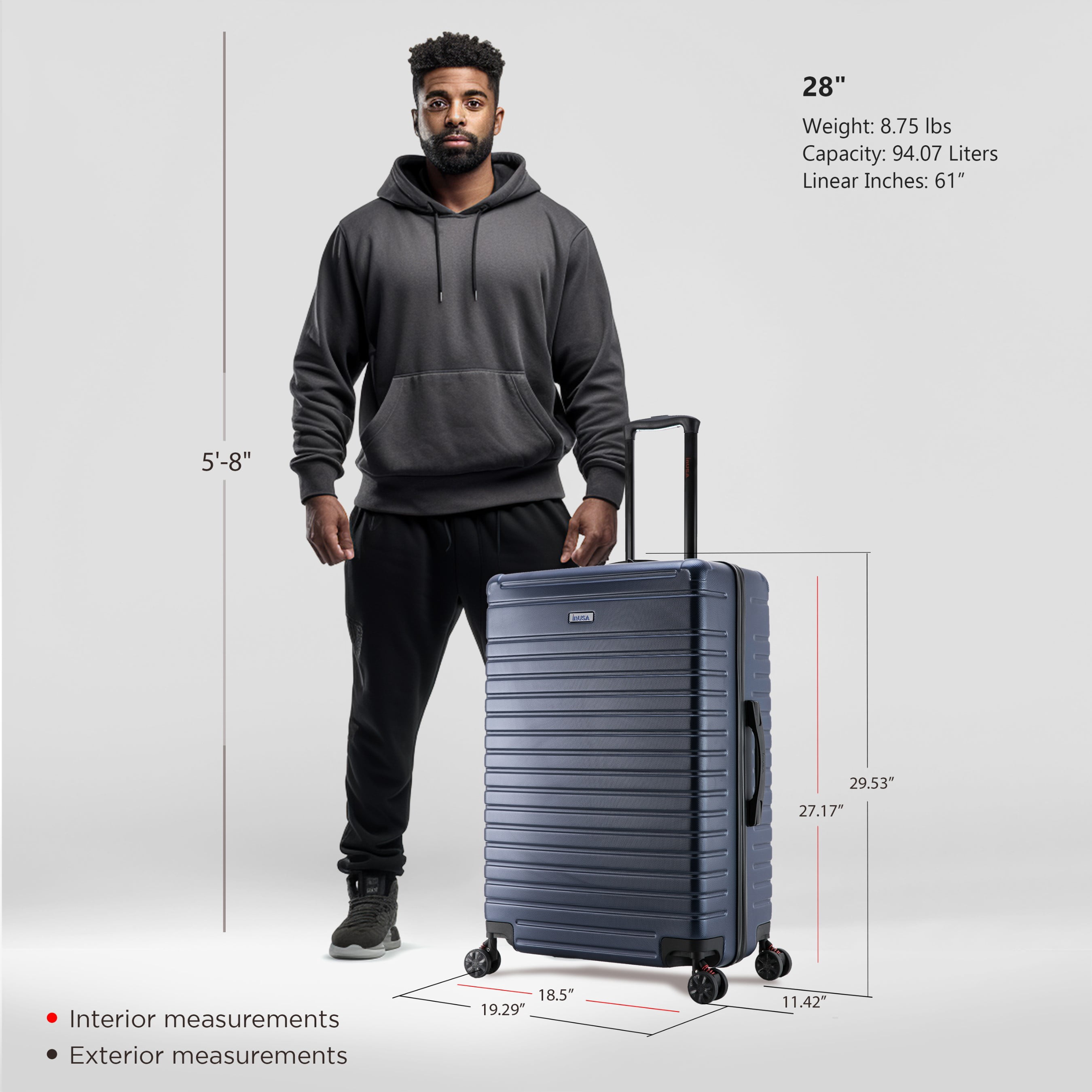 InUSA Deep 28" Hardside Lightweight Luggage with Spinner Wheels, Handle, Studs, Trolley, Blue