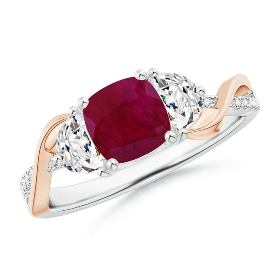 ANGARA Natural Cushion Ruby and Half Moon Diamond Leaf Ring in 14K White & Rose Gold for Women (Size-6mm) | July Birthstone, Birthday, Anniversary, Jewelry Gift for Women | Natural Ruby Ring